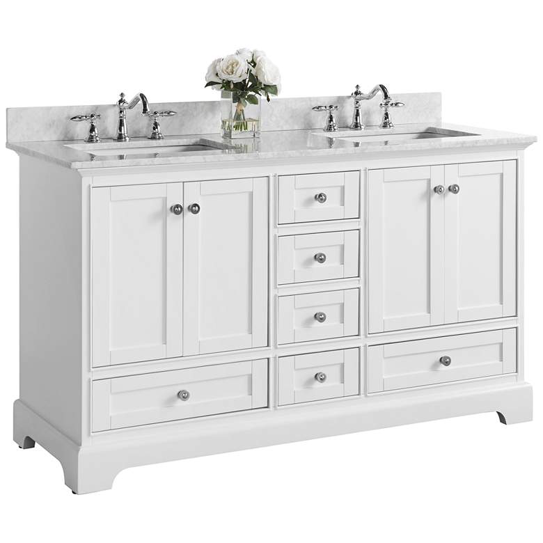 Audrey White 60&quot;W Italian White Marble Double Sink Vanity