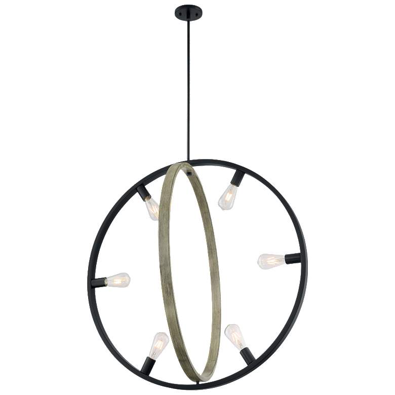 Image 1 Augusta; 6 Light; Pendant Fixture; Black with Circular Gray Wood Finish