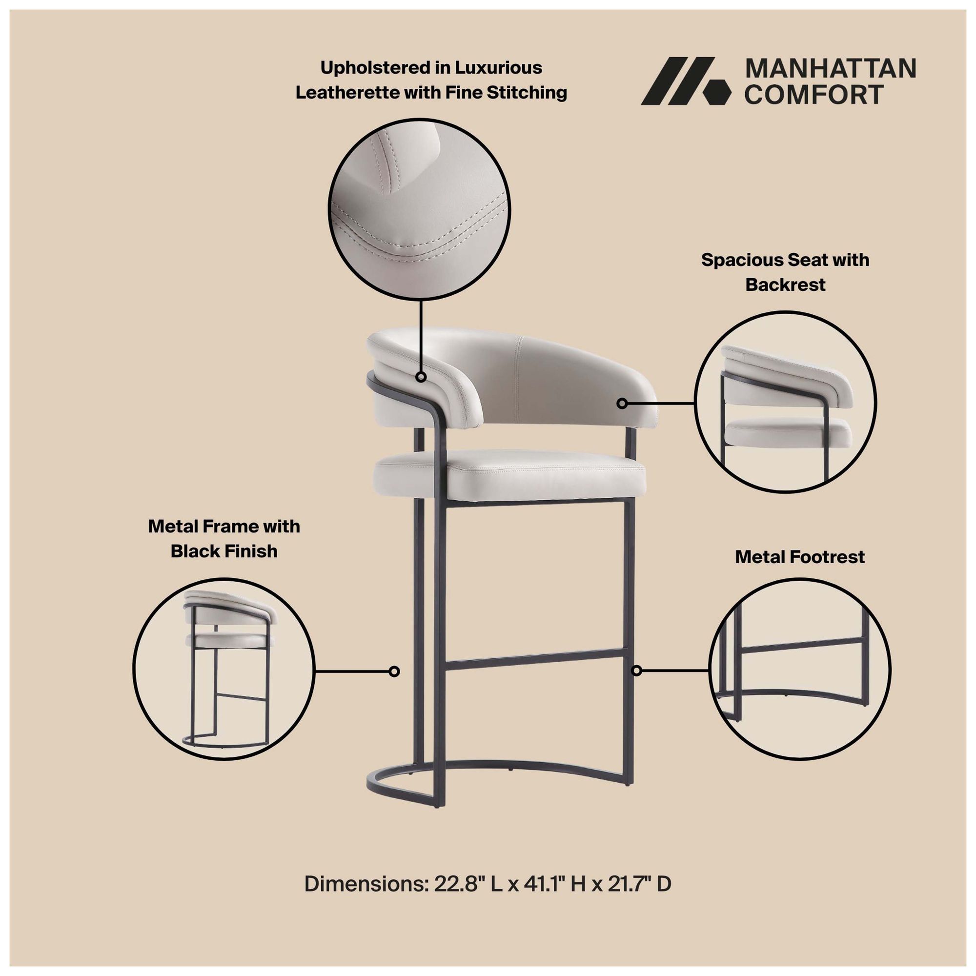 Image 4 Augusta Modern Leatherette Upholstered Barstool in Light Grey - Set of 2 more views