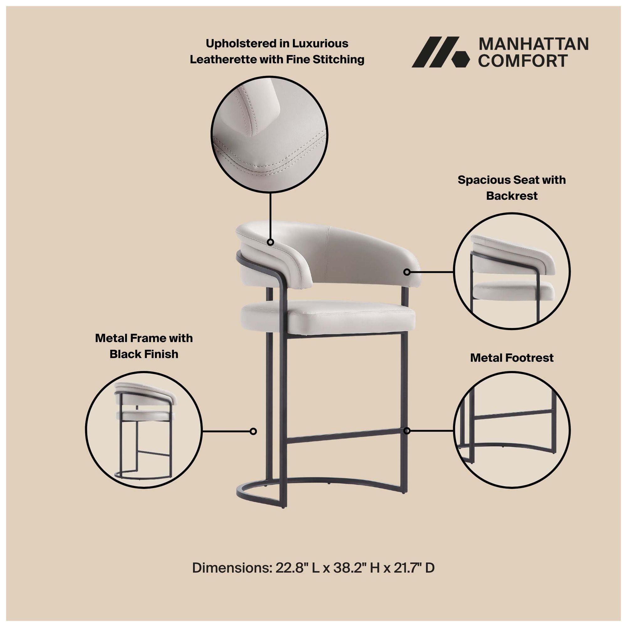 Image 4 Augusta Modern Leatherette Upholstered Counter Stool in Light Grey more views