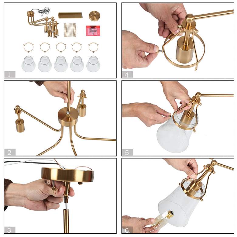 Image 7 Auisre 5-Light Gold Wheel Glass Shade Chandelier more views