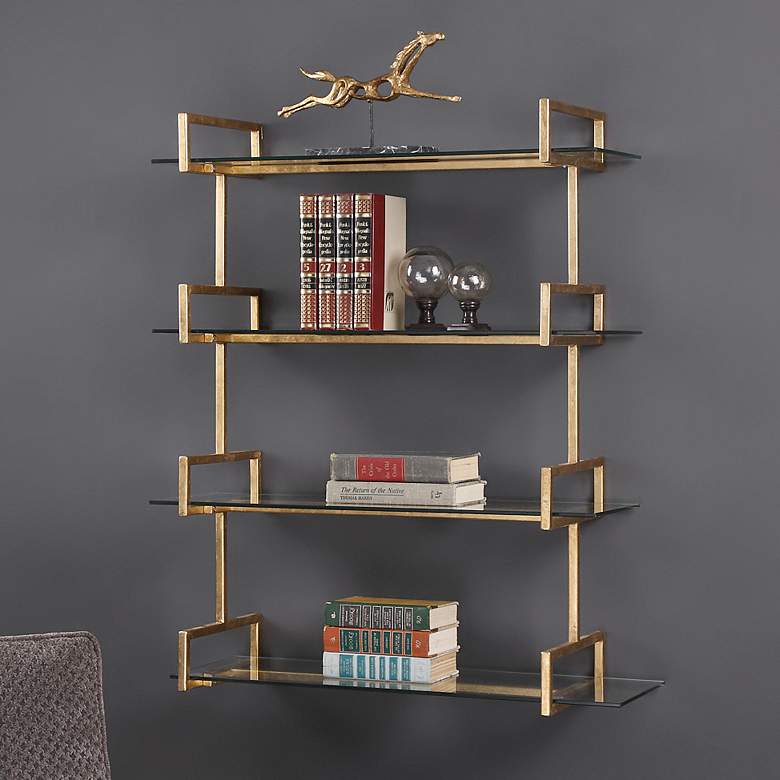 Image 1 Auley 31 1/2" Wide Antique Gold Leaf 4-Shelf Wall Shelf