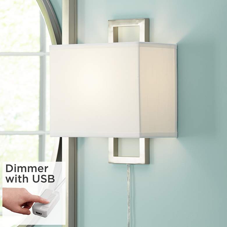 Image 1 Aundria Rectangular Brushed Nickel Plug-In Wall Lamp with USB Dimmer