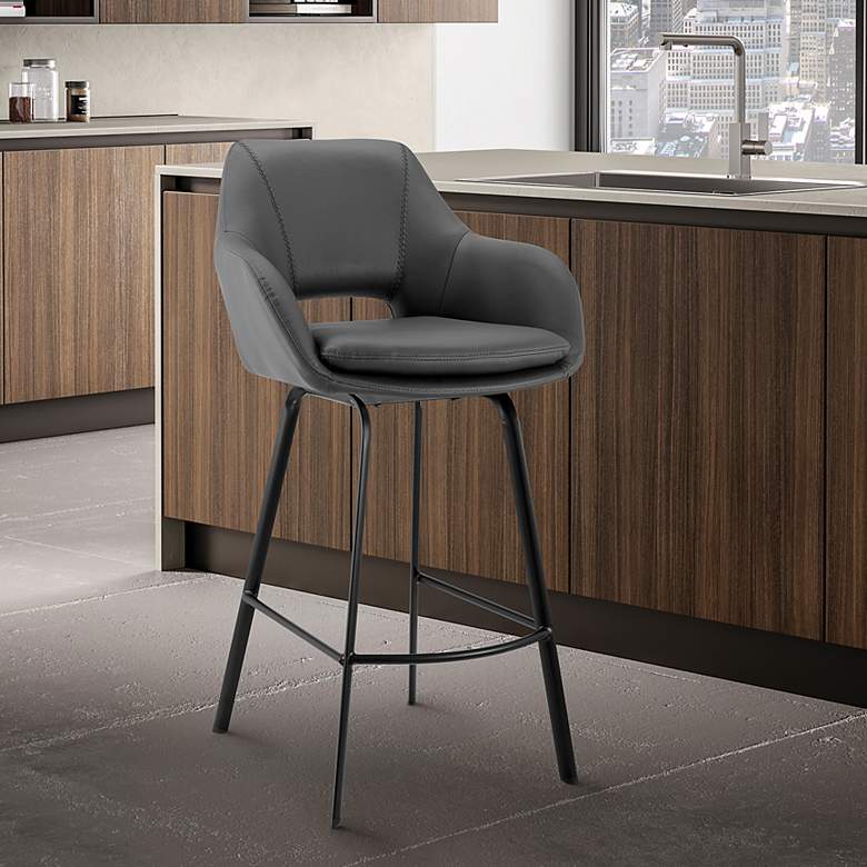 Image 1 Aura 30" Gray Faux Leather and Black Metal Swivel Bar Stool