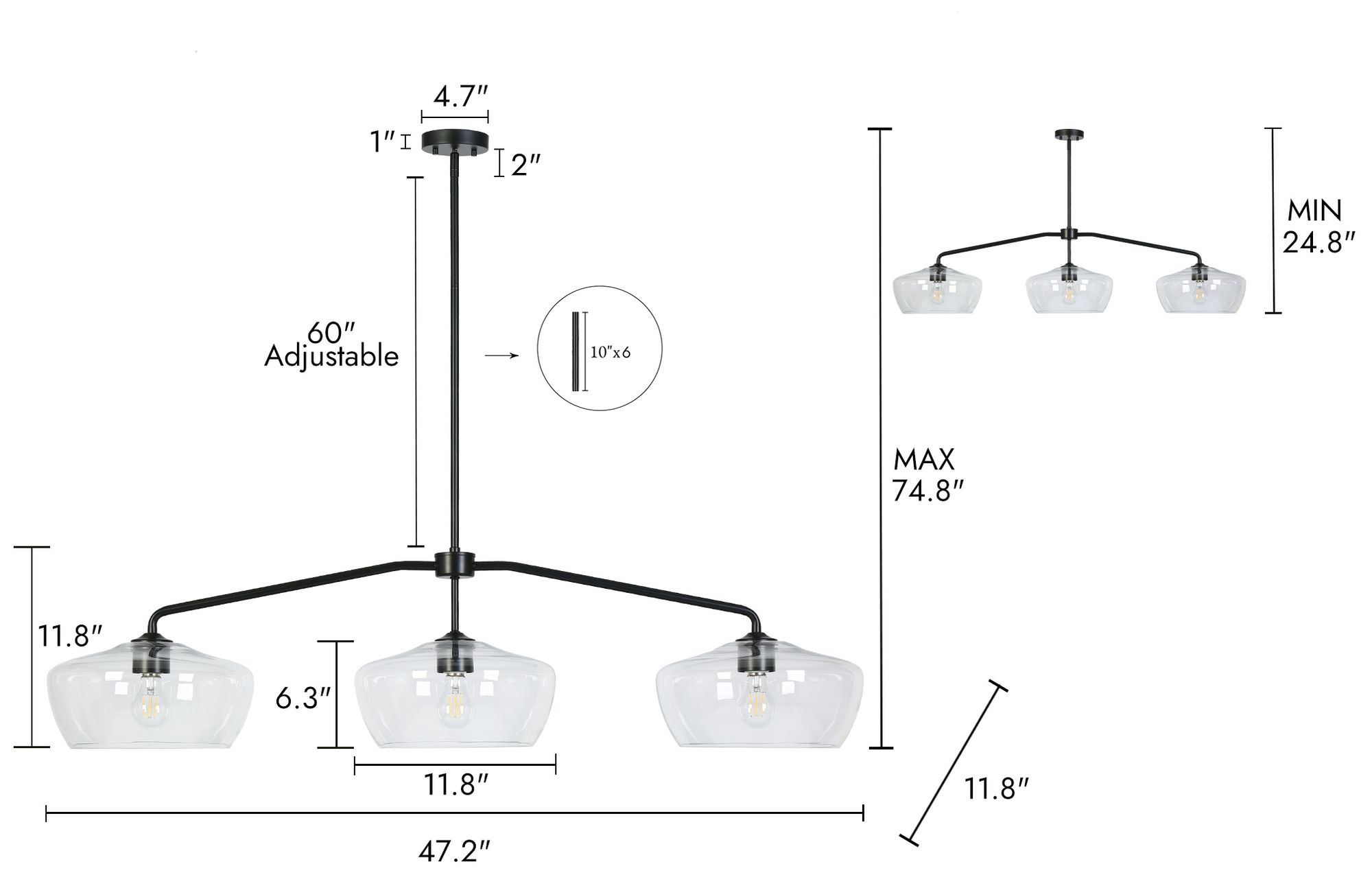 Image 2 Aura 47 1/4" Wide Matte Black Clear Glass 3-Light Island Pendant more views