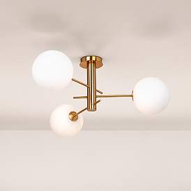 Image1 of Aurelia 31.5" Wide 3-Light Brass Semi-Flush Mount With White Glass Sha