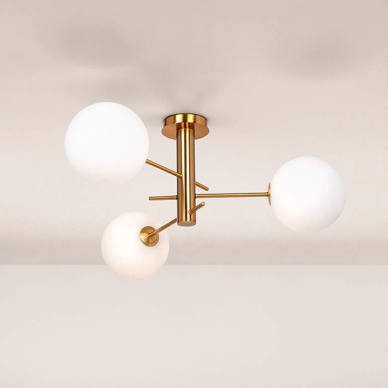Image 1 Aurelia 31.5" Wide 3-Light Brass Semi-Flush Mount With White Glass Sha