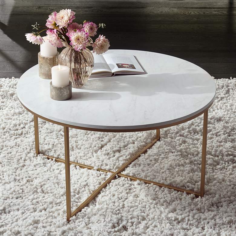 Aurelia 36&quot; Wide Faux Marble and Gold Modern Coffee Table