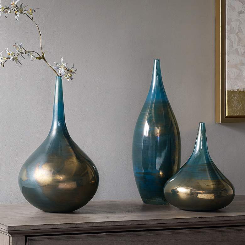 Image 1 Aurora Blue Metallic Sprayed Glass Decorative Vases Set of 3