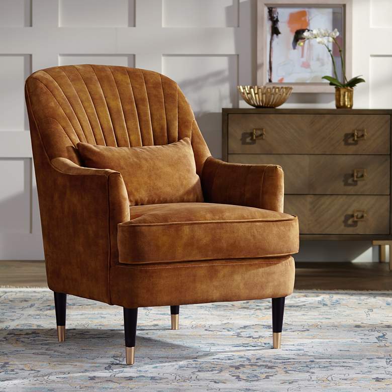 Austen Caramel Velvet Tufted Modern Armchair with Pillow
