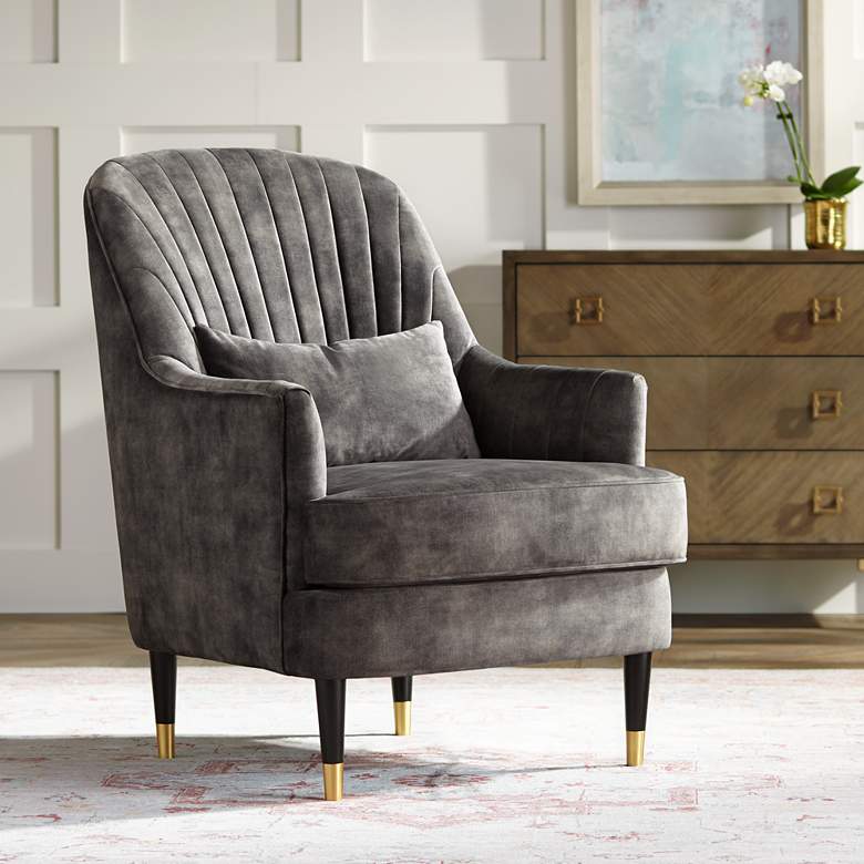 Image 2 Austen Charcoal Gray Velvet Tufted Armchair with Pillow