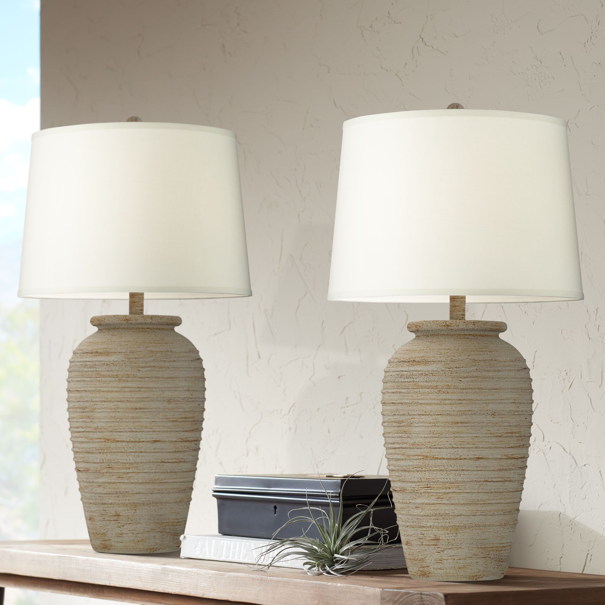 Austin Sand Toned Ridged Southwest Rustic Jug Table Lamps Set of 2