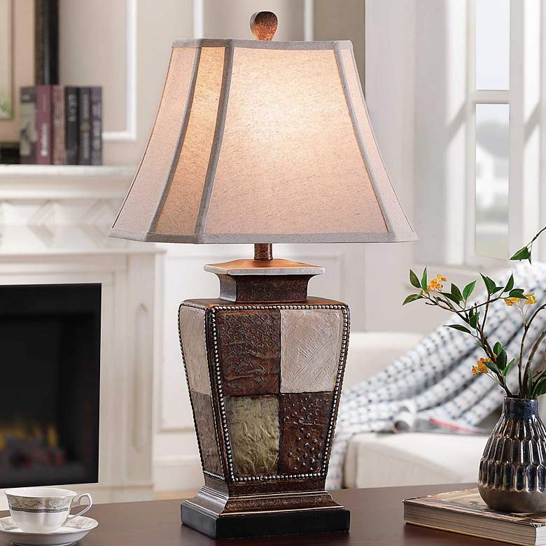 Image 1 Austin Table Lamp - Bronze, Cream, Gold Leaf Finish - Taupe Fabric Shade