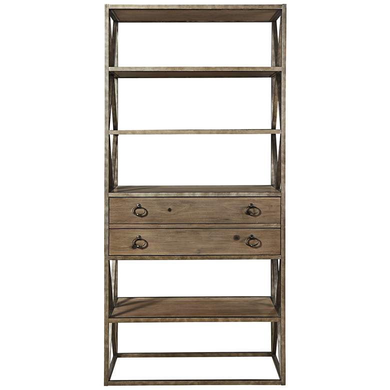 Image 1 Authenticity 84 inch High Khaki Wood and Metal 2-Drawer Etagere