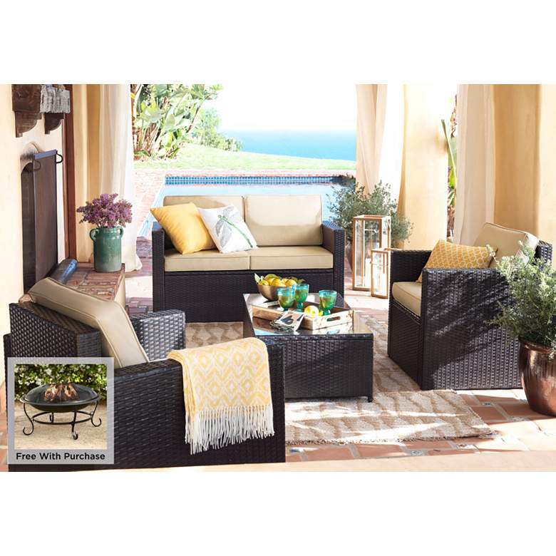 Image 1 Avalon 4-Piece Outdoor Wicker Conversation Set with Firepit