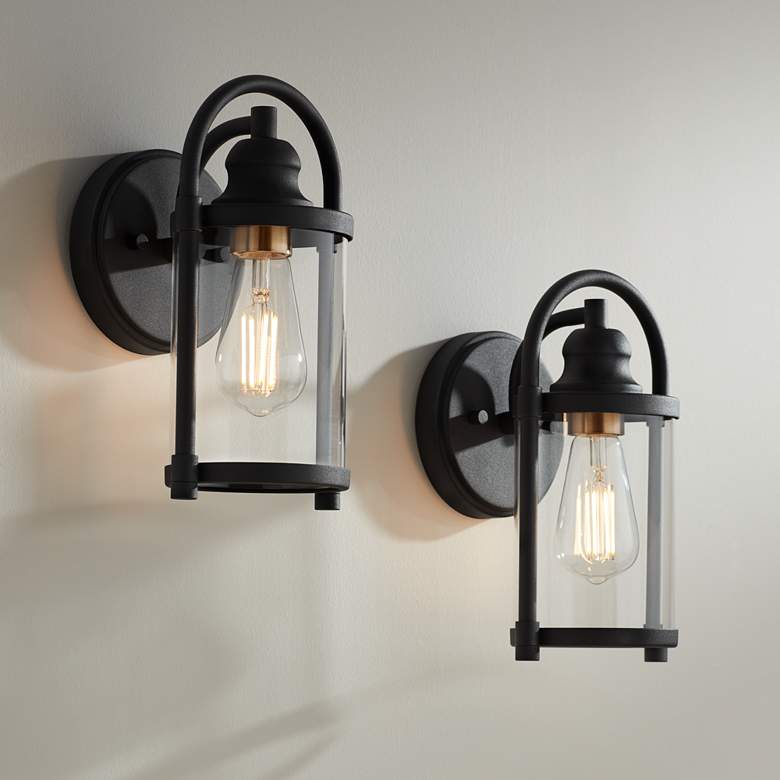 Image 1 Avani 10 1/4" High Black and Brass Wall Sconce Set of 2