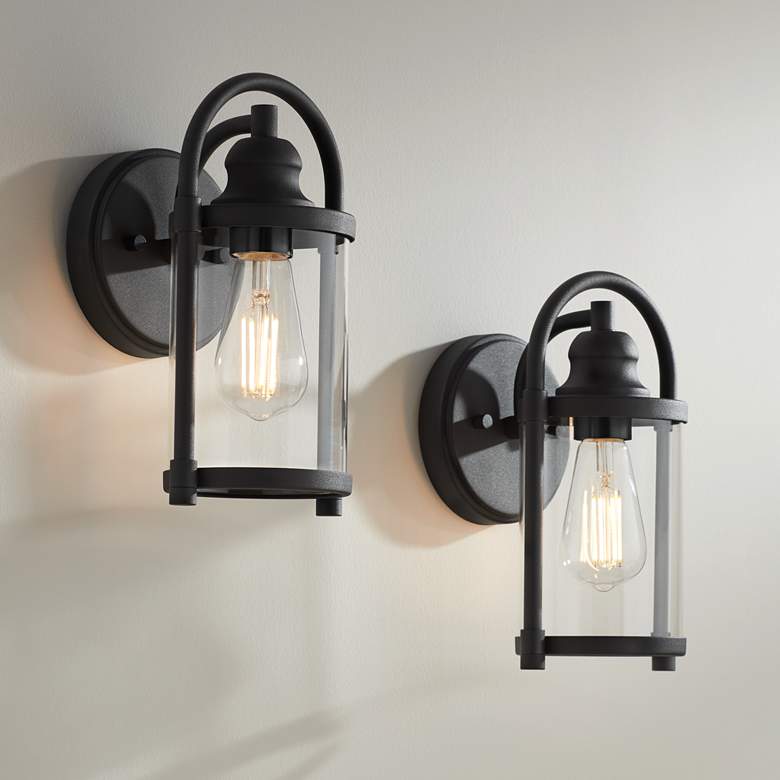 Image 1 Avani 10 1/4" High Black Finish Lantern Wall Sconces Set of 2