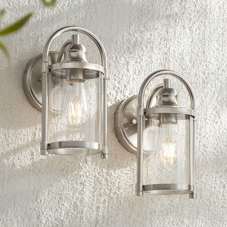 Image 1 Avani 10 1/4 inch High Brushed Nickel Outdoor Wall Light Set of 2