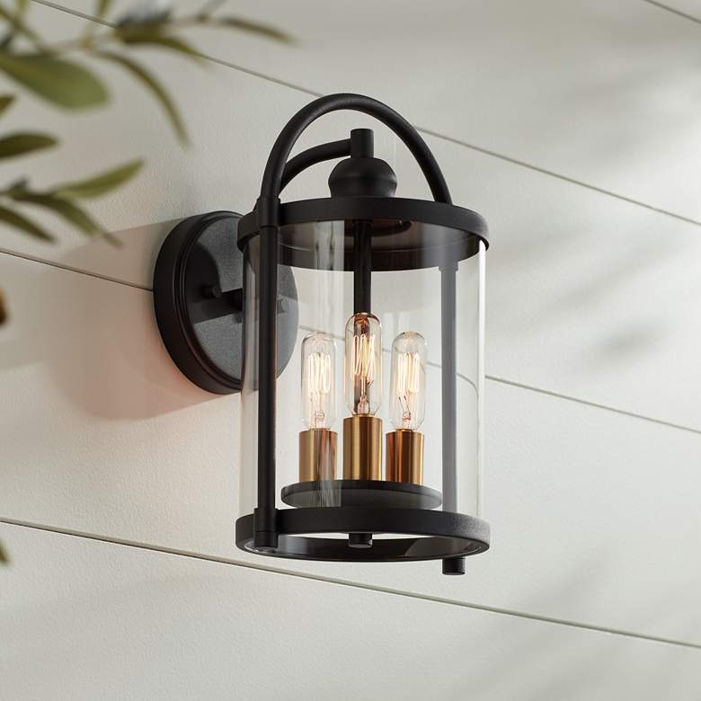 Image 1 Avani 13" High Black and Brass Outdoor Wall Lantern Light