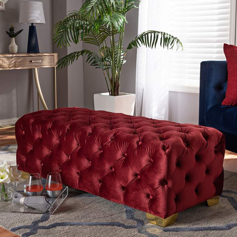 Image 6 Avara 48" Wide Burgundy Fabric Button Tufted Bench Ottoman more views