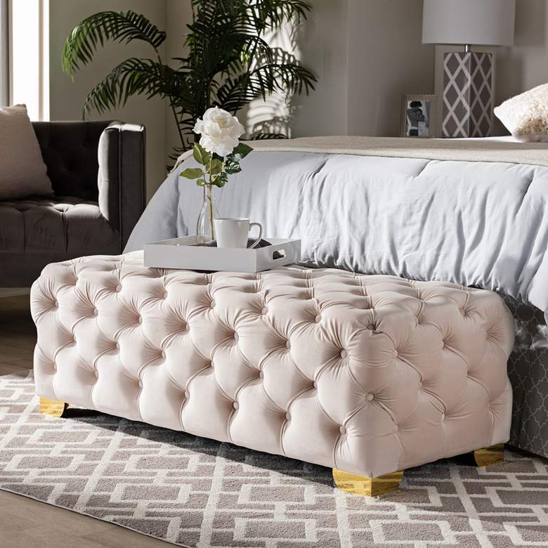 Image 6 Avara 48" Wide Light Beige Fabric Tufted Bench Ottoman more views