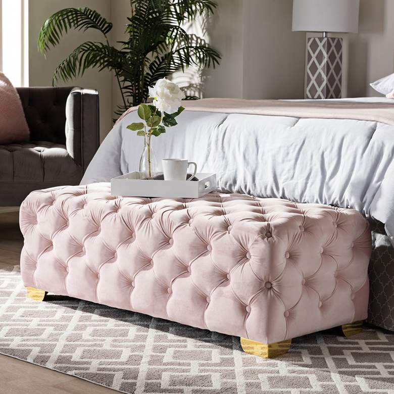 Image 6 Avara 48" Wide Light Pink Fabric Button Tufted Bench Ottoman more views