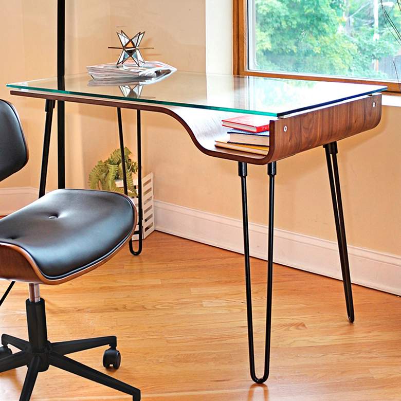Image 1 Avery 44 1/2" Wide Glass and Walnut Modern Writing Desk