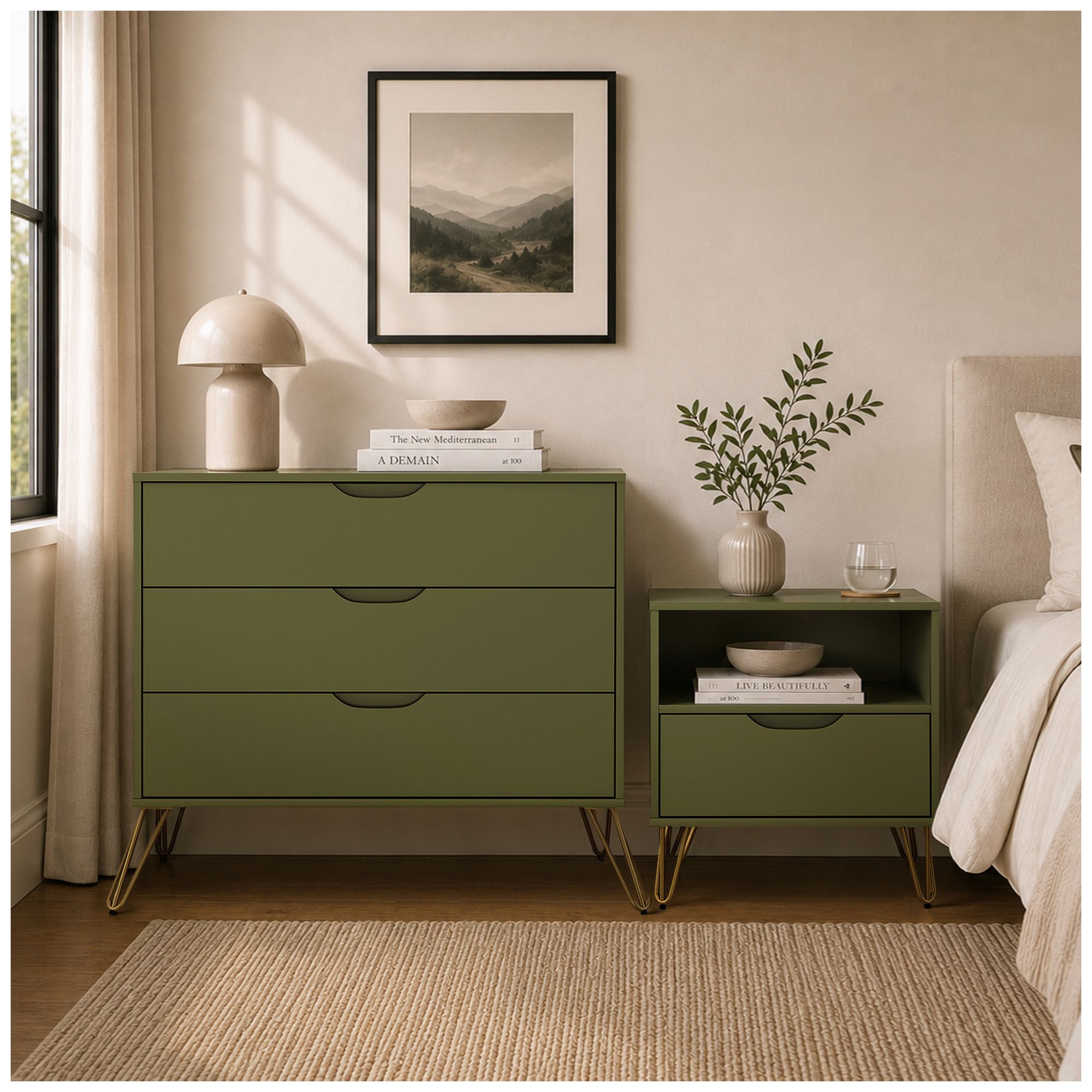 Image 4 Avira Mid-Century Modern 2-Piece Dresser and Nightstand in Olive Green more views
