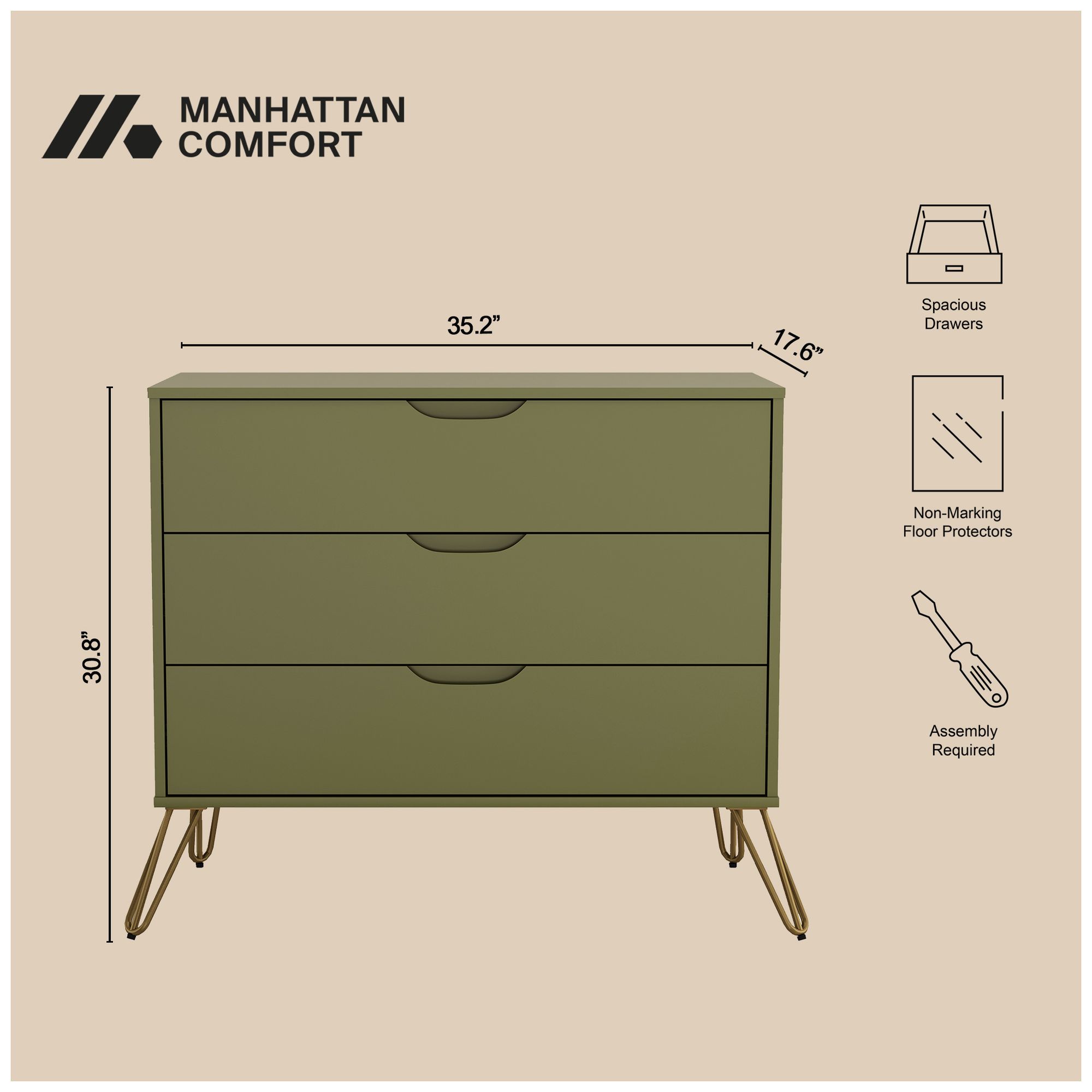 Avira Mid-Century Modern 2-Piece Dresser and Nightstand in Olive Green