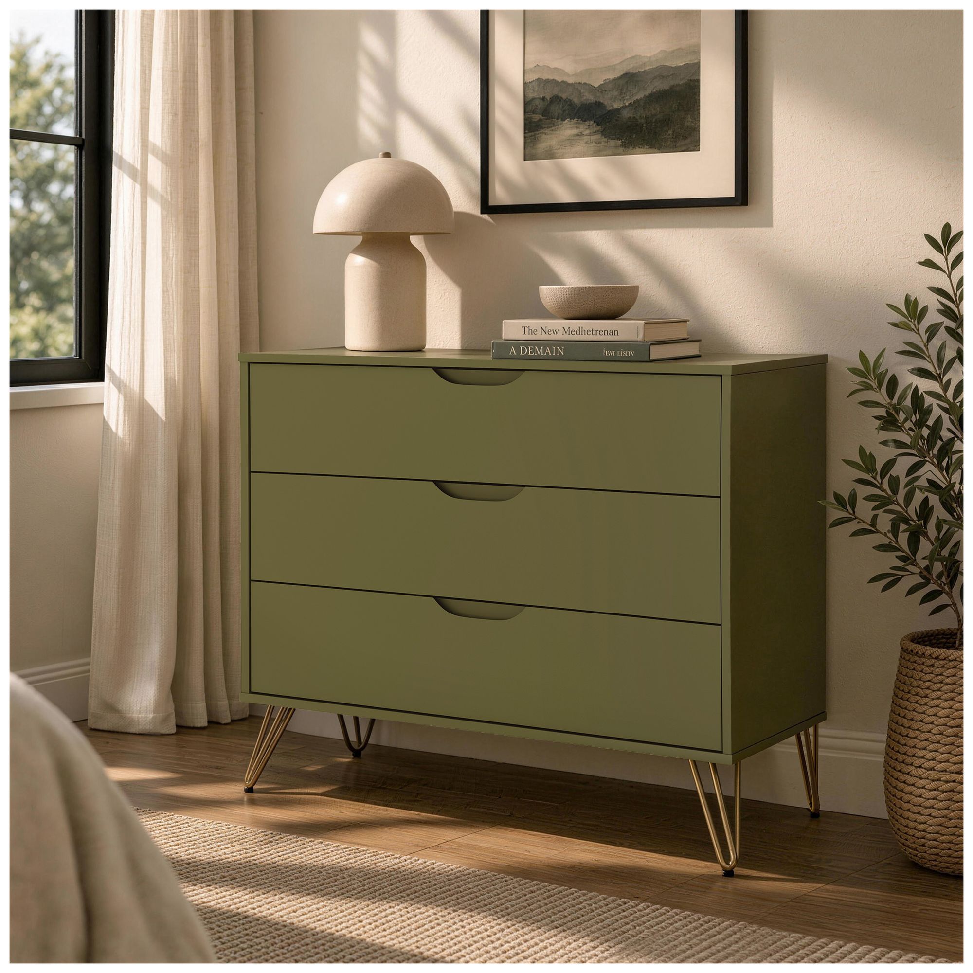 Image 3 Avira Mid-Century Modern 2-Piece Dresser and Nightstand in Olive Green more views