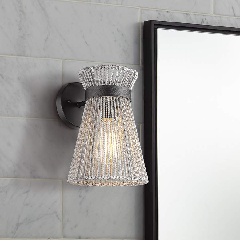 Image 1 Avon 10 3/4"H Matte Black Bleached Raphia Rope Wall Sconce