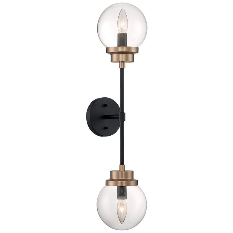 Image 1 Axis; 2 Light; Wall Sconce; Matte Black Finish w Brass Accents; Clear Glass