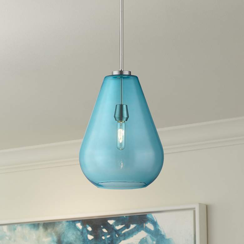 Image 1 Ayra 12 inch Wide Brushed Nickel Mini Pendant Light with Blue Glass