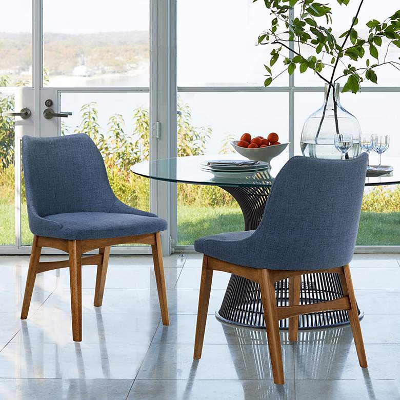 Image 1 Azalea Set of 2 Dining Side Chairs in Blue Fabric and Walnut Wood