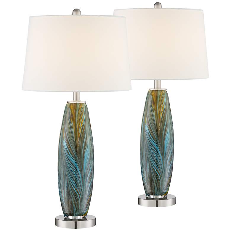 Image 2 Azure Blue Brown Glass Table Lamps Set of 2 w/ Smart Sockets