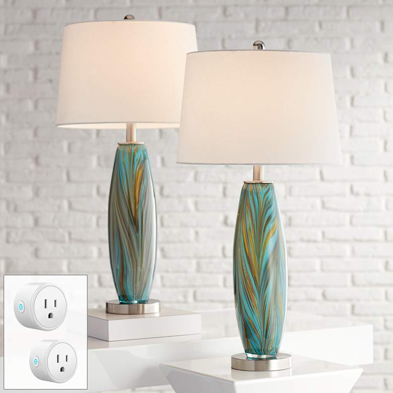 Image 1 Azure Blue Brown Glass Table Lamps Set of 2 w/ Smart Sockets
