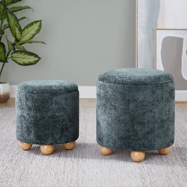 Image 1 Bacci Ottoman Set in Natural Wood and Green Fabric by LumiSource Pair