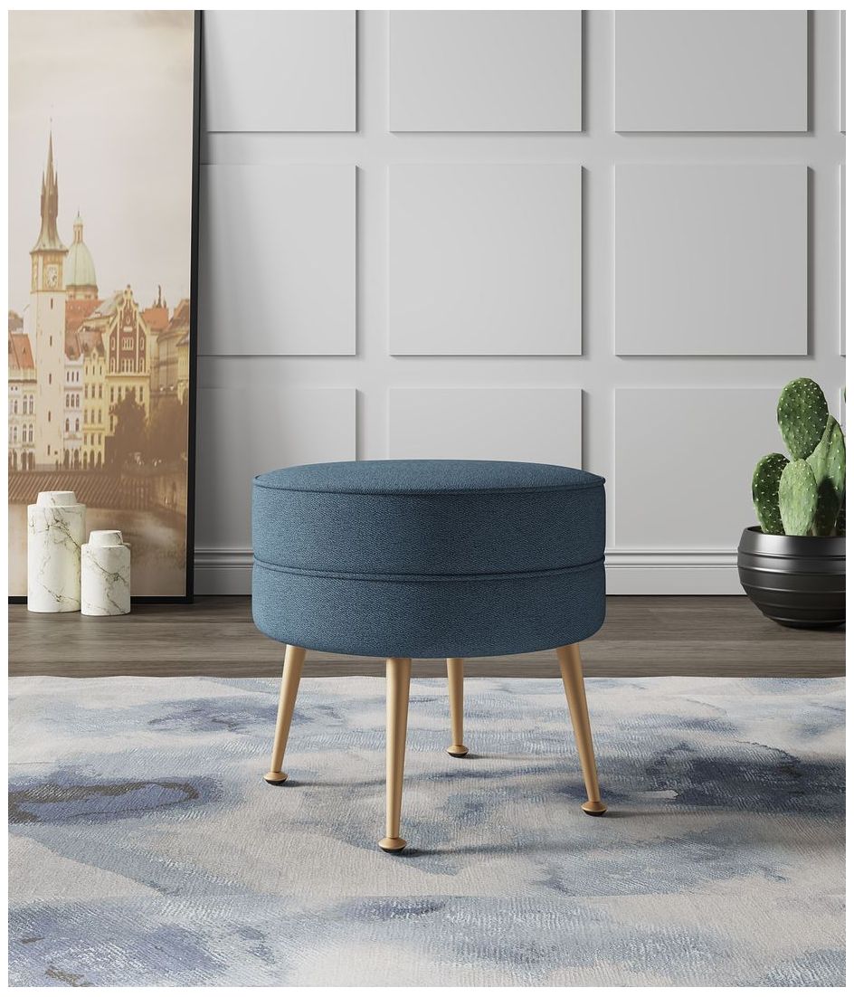 Image 2 Bailey Mid-Century Modern Upholstered Ottoman in Blue with Gold Feet more views