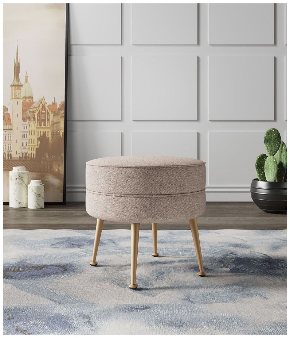 Image 2 Bailey Mid-Century Modern Upholstered Ottoman in Oatmeal  with Gold Feet more views