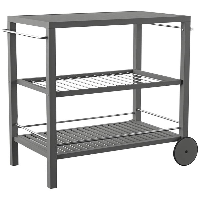 Image 2 Bajarno 38 inch Wide Gray-Washed 2-Shelf Wood Outdoor Bar Cart