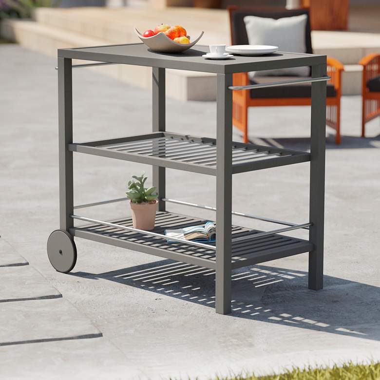 Image 1 Bajarno 38 inch Wide Gray-Washed 2-Shelf Wood Outdoor Bar Cart