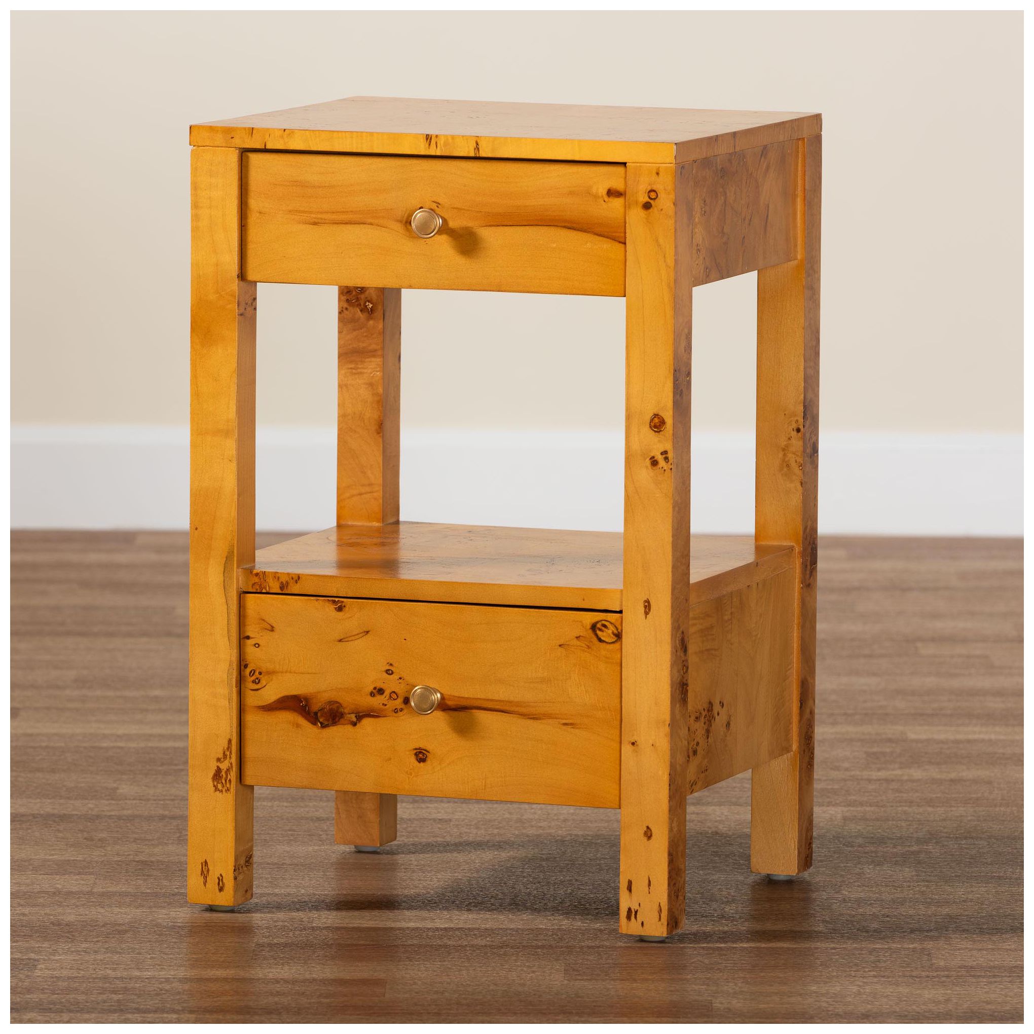 bali & pari Azmi  Natural Light Mappa Burl Wood 2-Drawer Nightstand