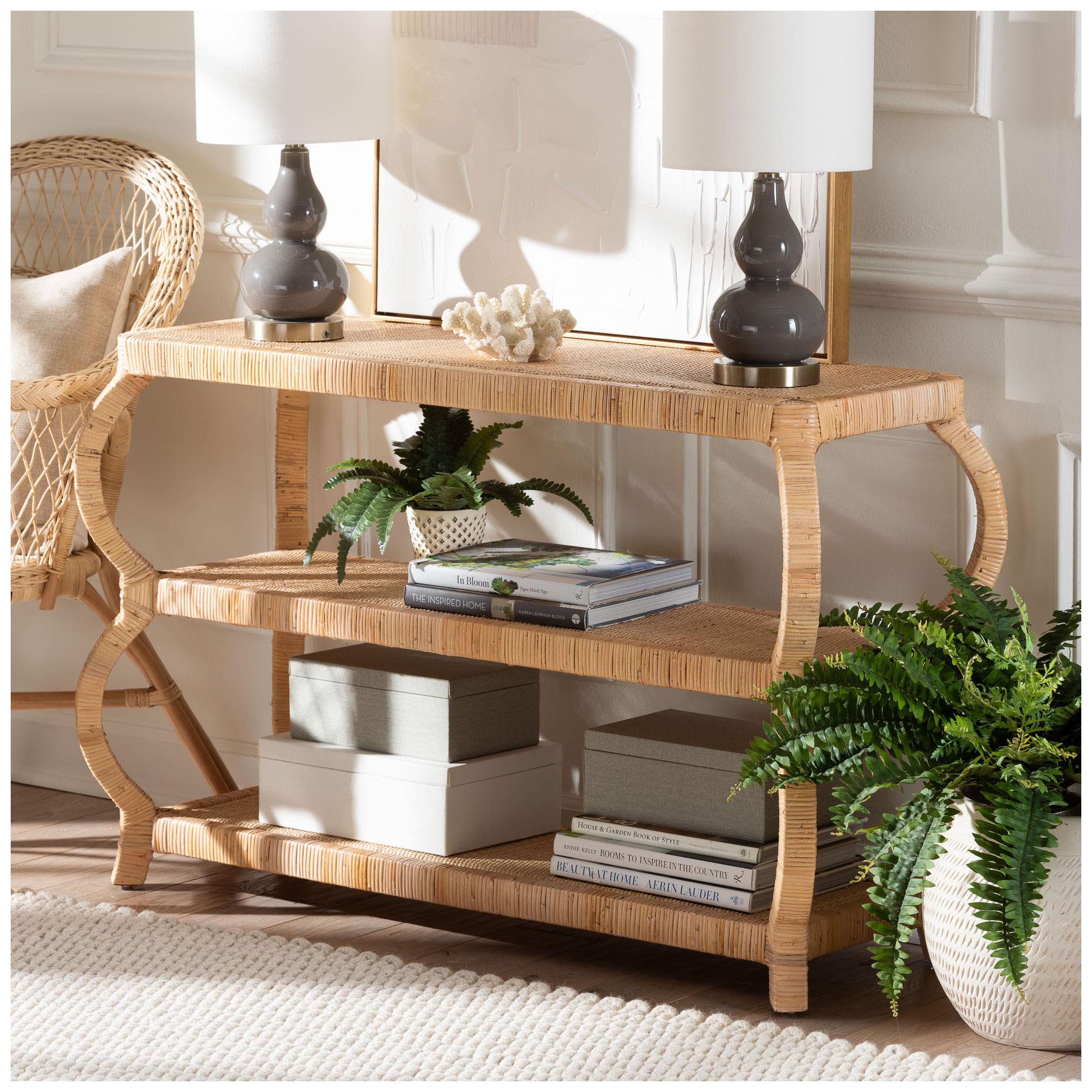 Image 2 bali & pari Dalida Bohemian Natural Rattan 3-Tier Console Table more views