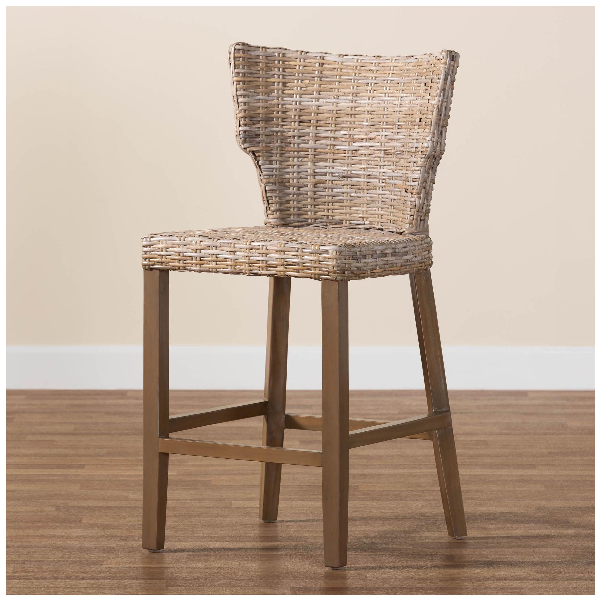 bali & pari Enver Modern Grey Kubu Rattan and Mahogany Wood Counter Sto