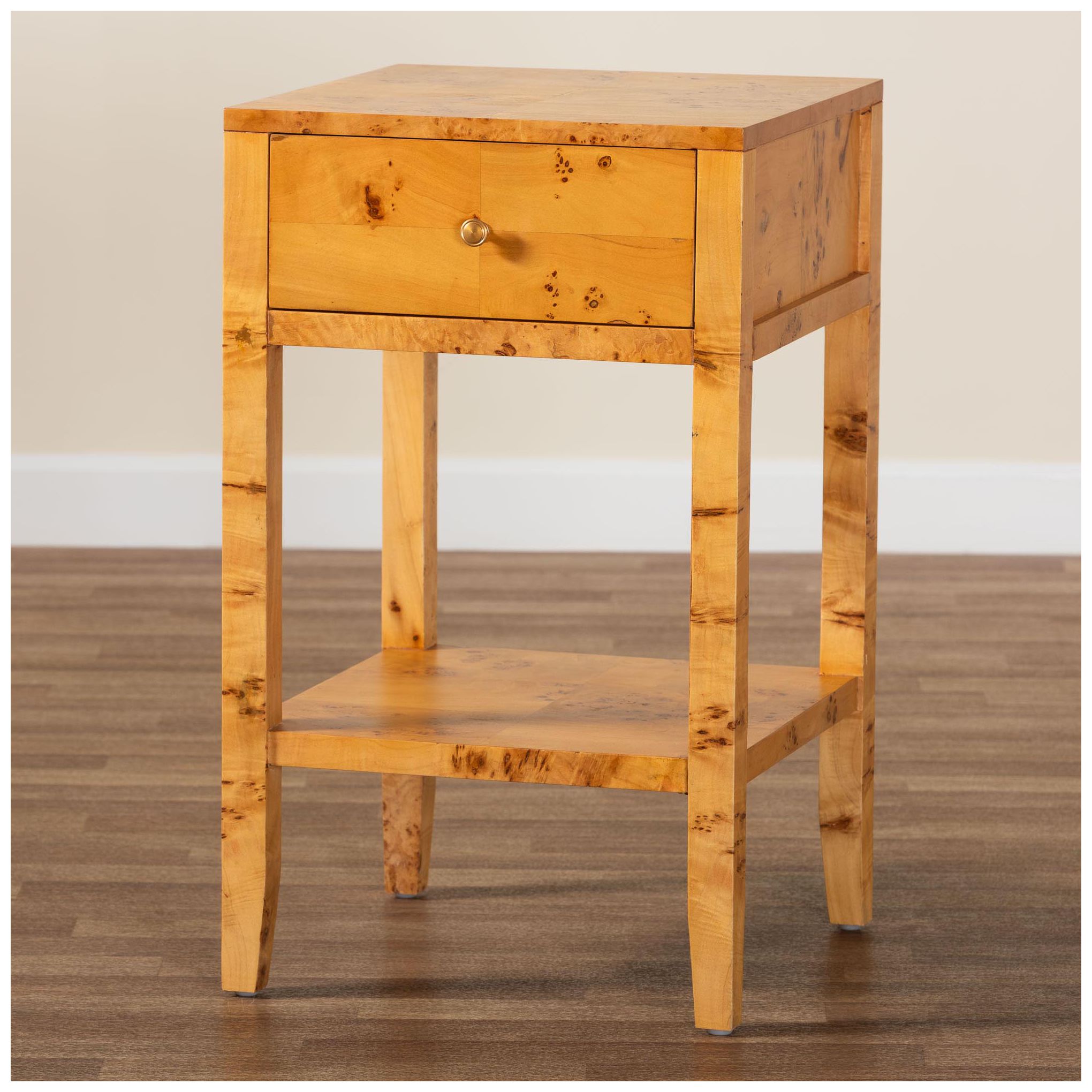 bali & pari Ghina  Natural Light Mappa Burl Wood 1-Drawer Nightstand