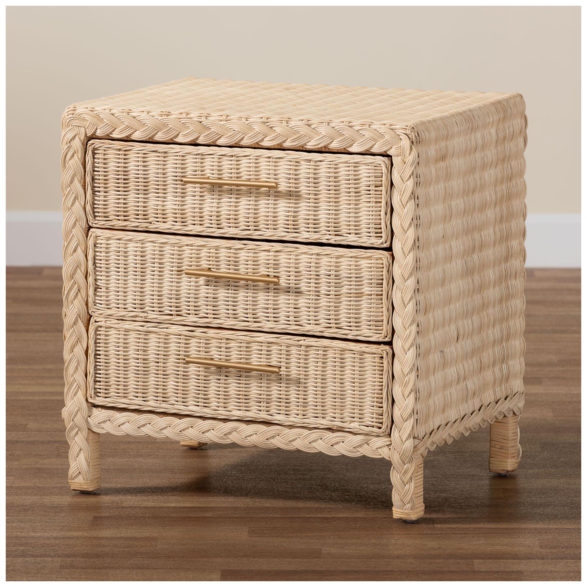 bali & pari Lanica Japandi Sun Bleached Rattan 3-Drawer Nightstand