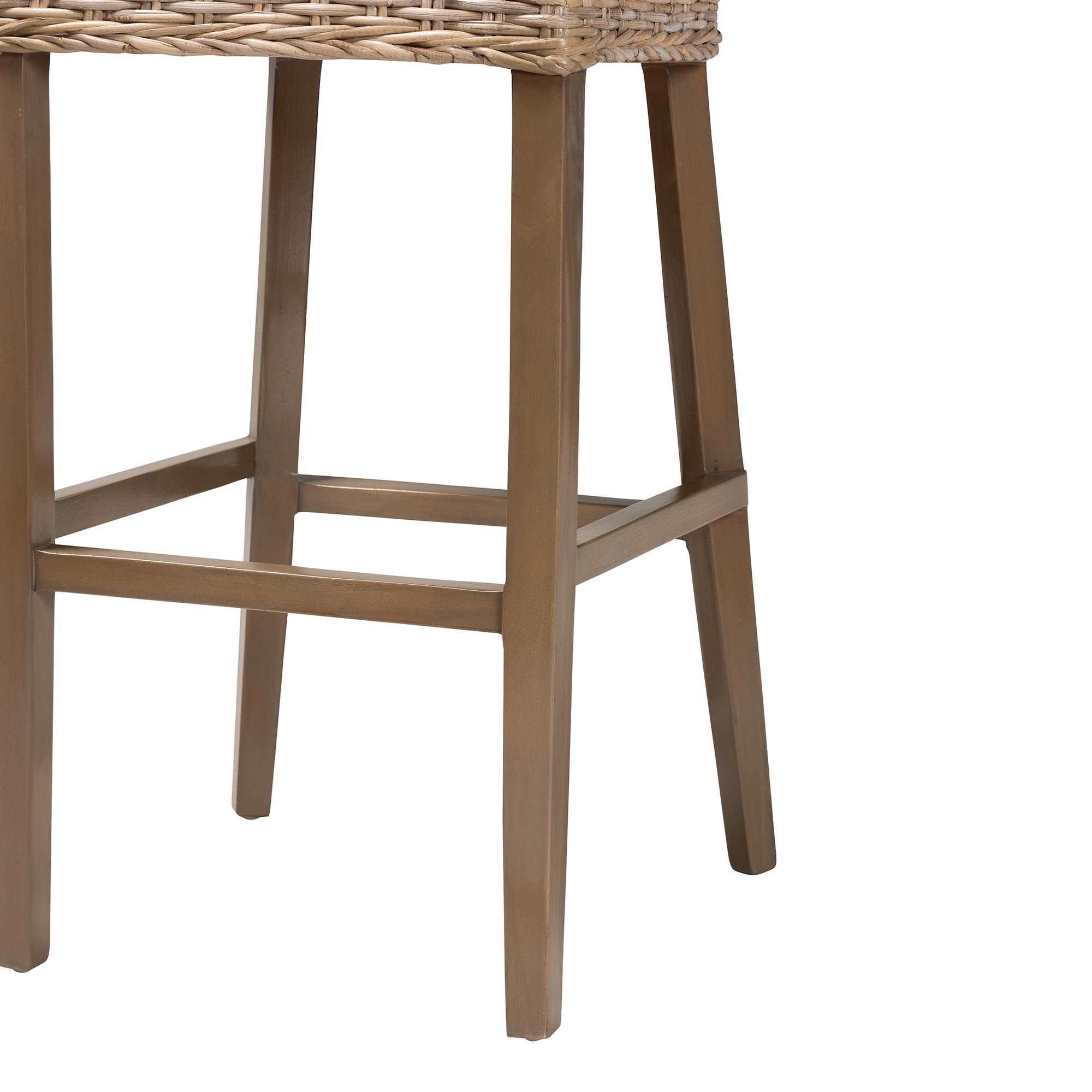 bali & pari Magy Modern Grey Kubu Rattan and Mahogany Wood Bar Stool
