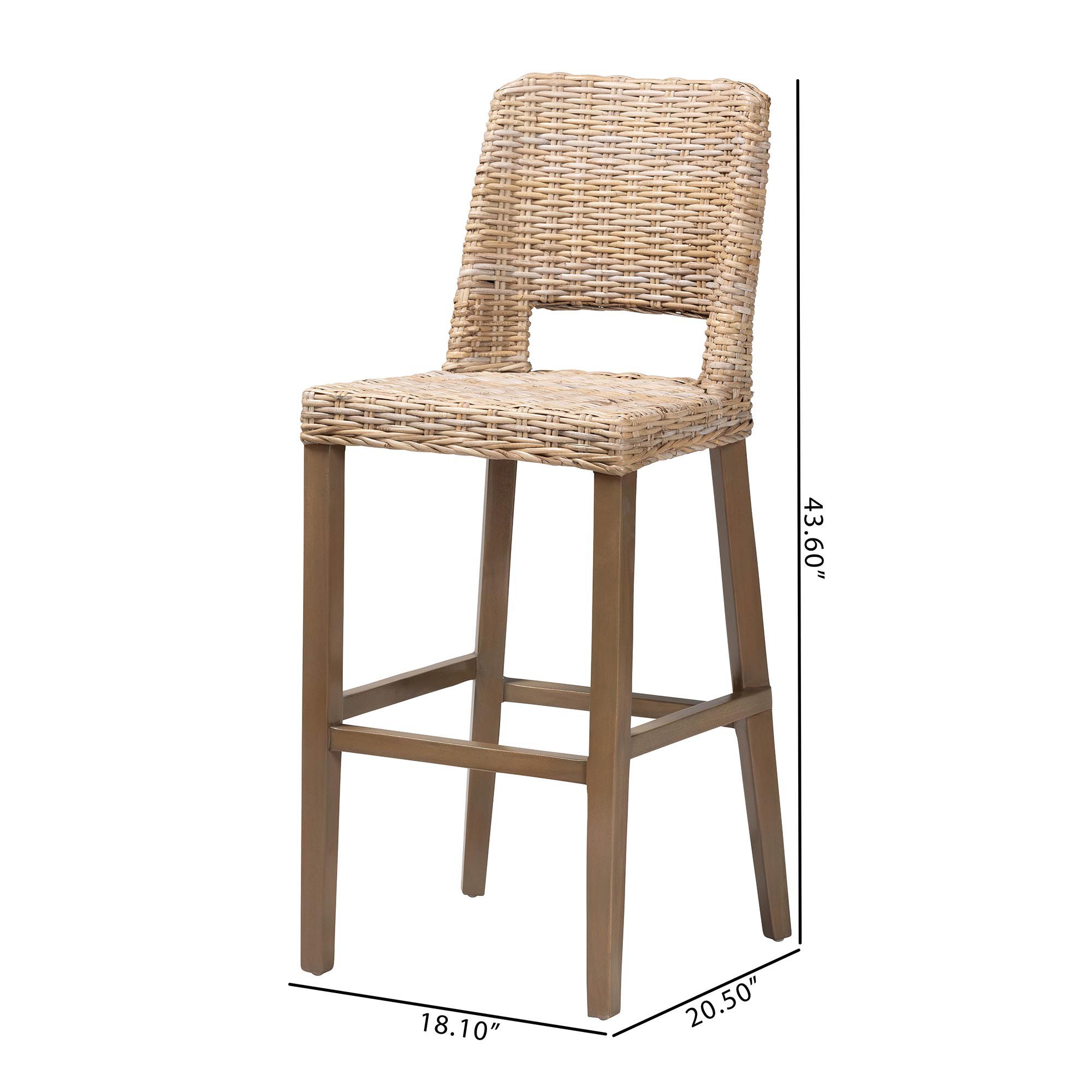 bali & pari Magy Modern Grey Kubu Rattan and Mahogany Wood Bar Stool