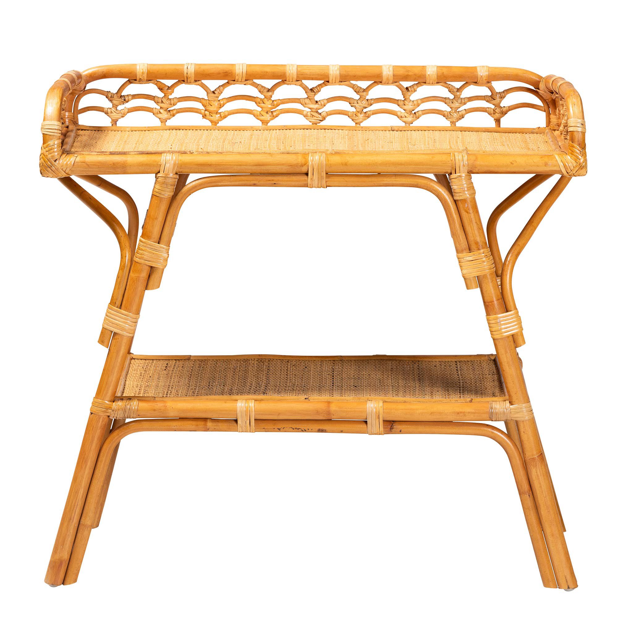 Image 3 bali & pari Nayana Modern Bohemian Natural Rattan 2 Tier Console Table more views