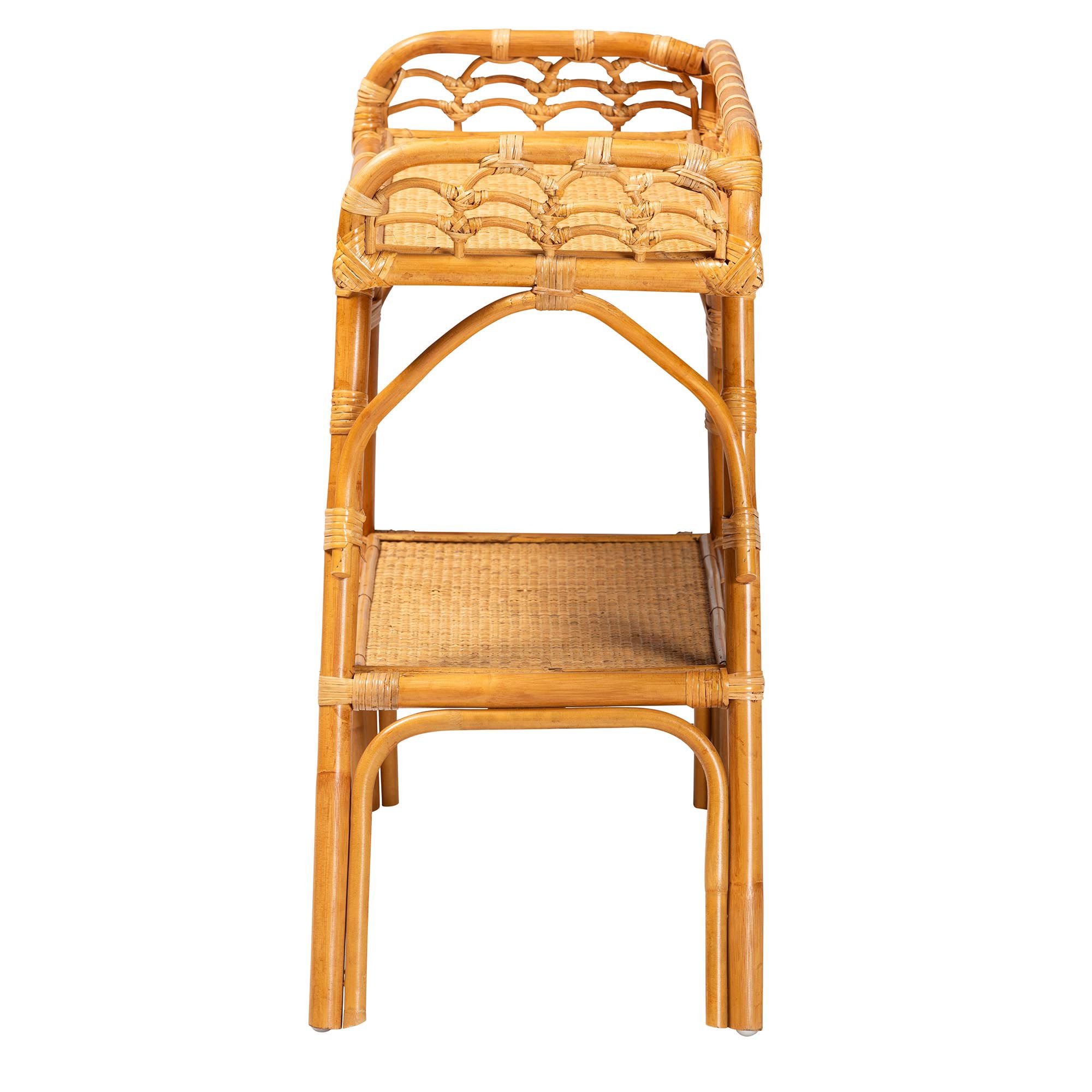 Image 4 bali & pari Nayana Modern Bohemian Natural Rattan 2 Tier Console Table more views